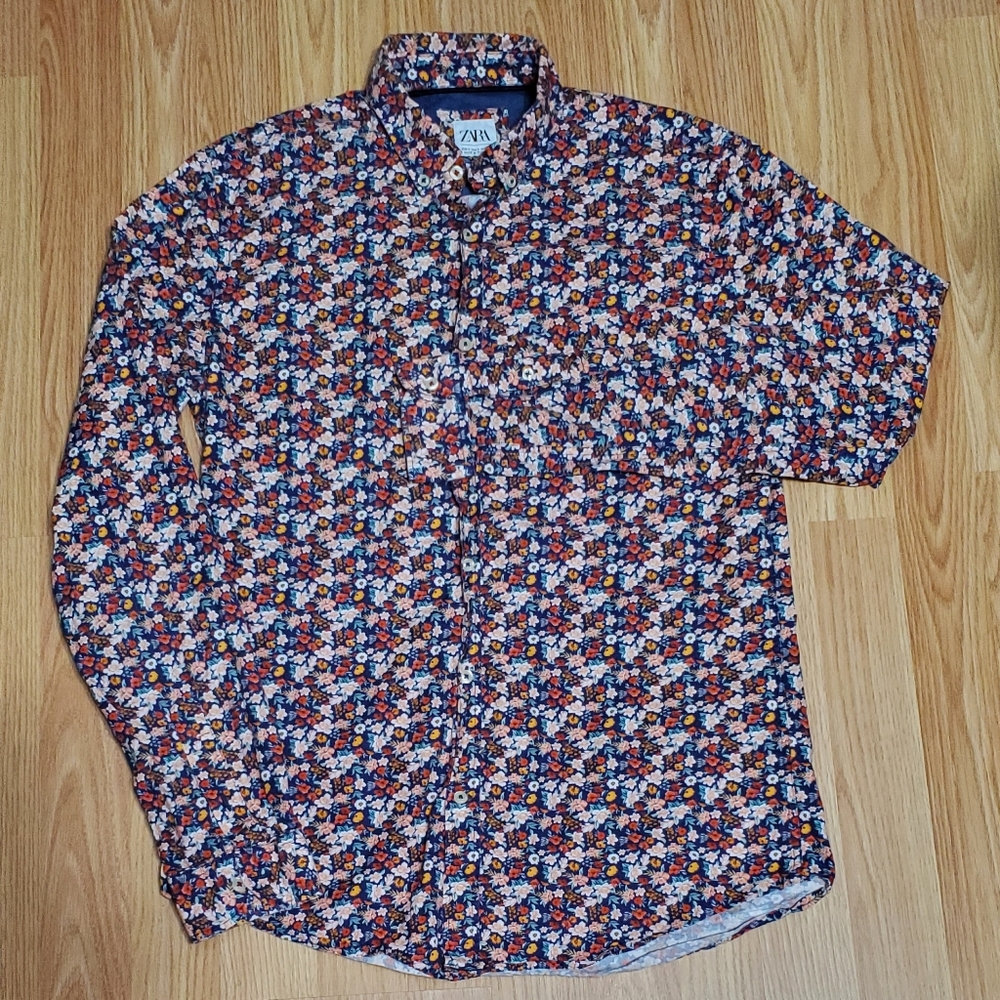 Zara mens size S slim fit floral print long sleeve button front shirt multicolor